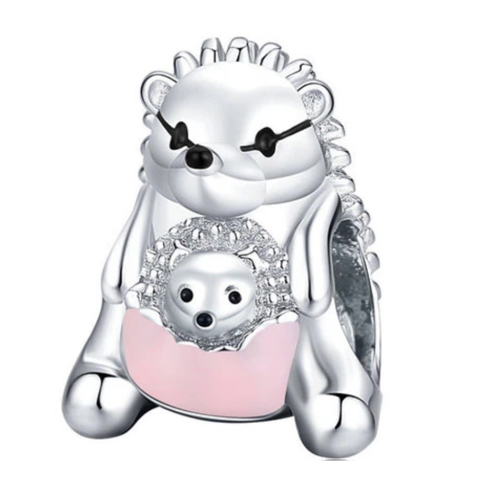 Pink Sterling Silver Hedgehog & Baby Charm